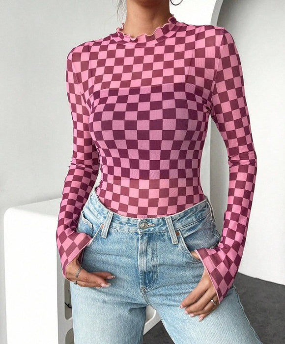 Checkered Sheer Top-Pink