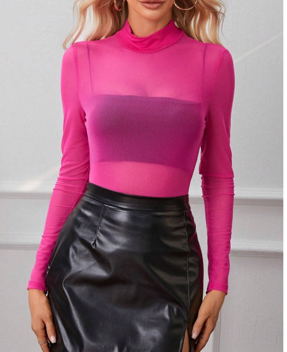 Ayla Sheer Crop Mock Neck Top- Pink