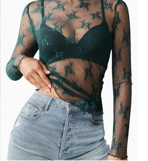 Kacey Lace Sheer Top-Teal