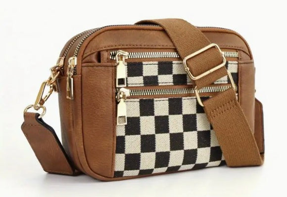 Checkered Crossbody Purse-Brown