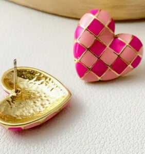 Checkered Heart Earrings- Pink