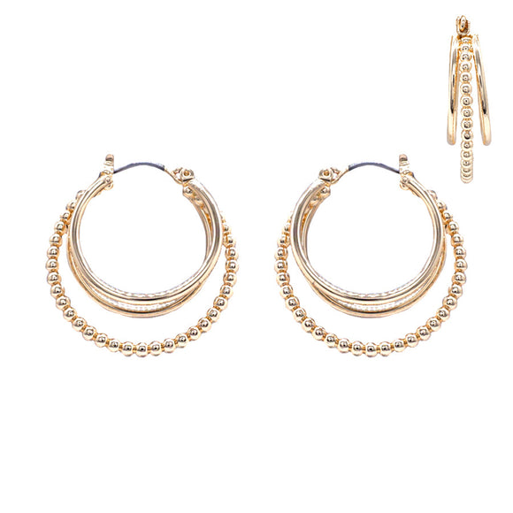 Gold Triple Layered Beaded Hoop Earring