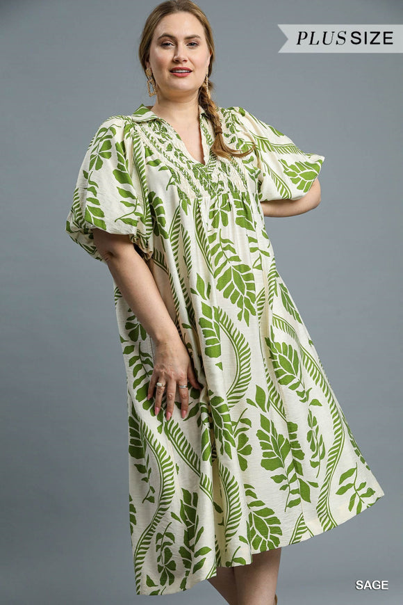 Aiden Leaf Print Midi Dress-CURVY