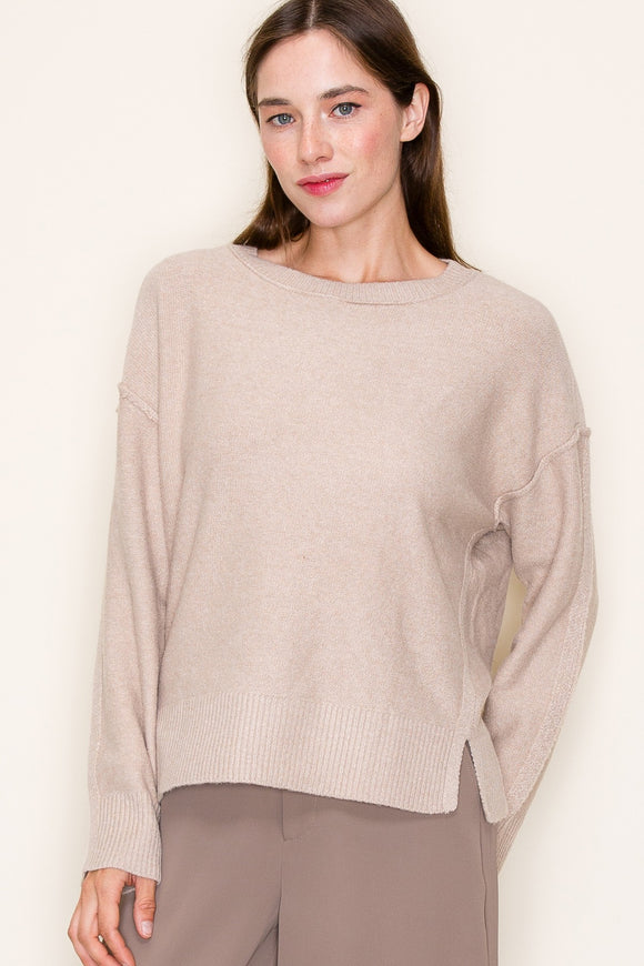 Raw Edge Seam Wide Crew Neck Sweater