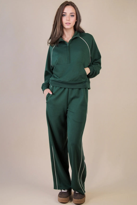 Tori Piping Detail Quarter Zip Set Green
