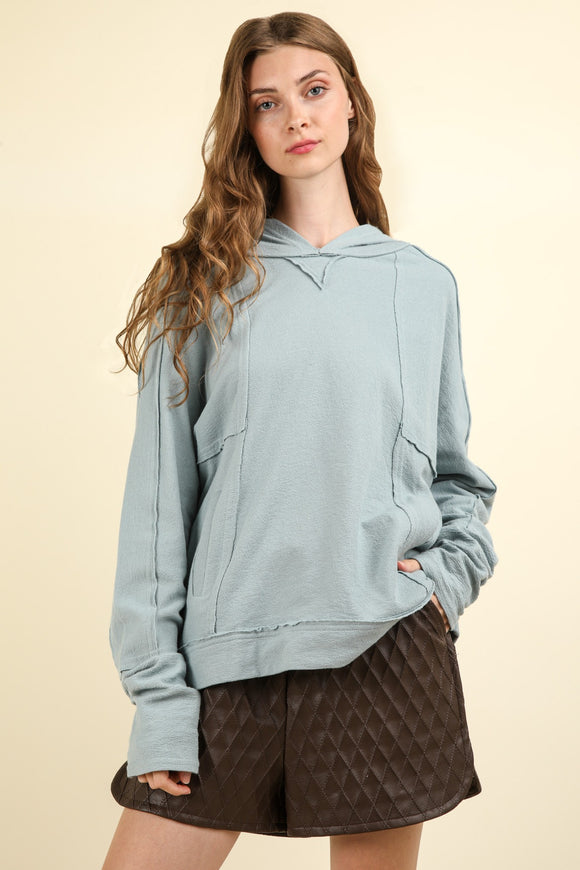 Clyne Raw Edge Knit Hoodie-Denim Blue