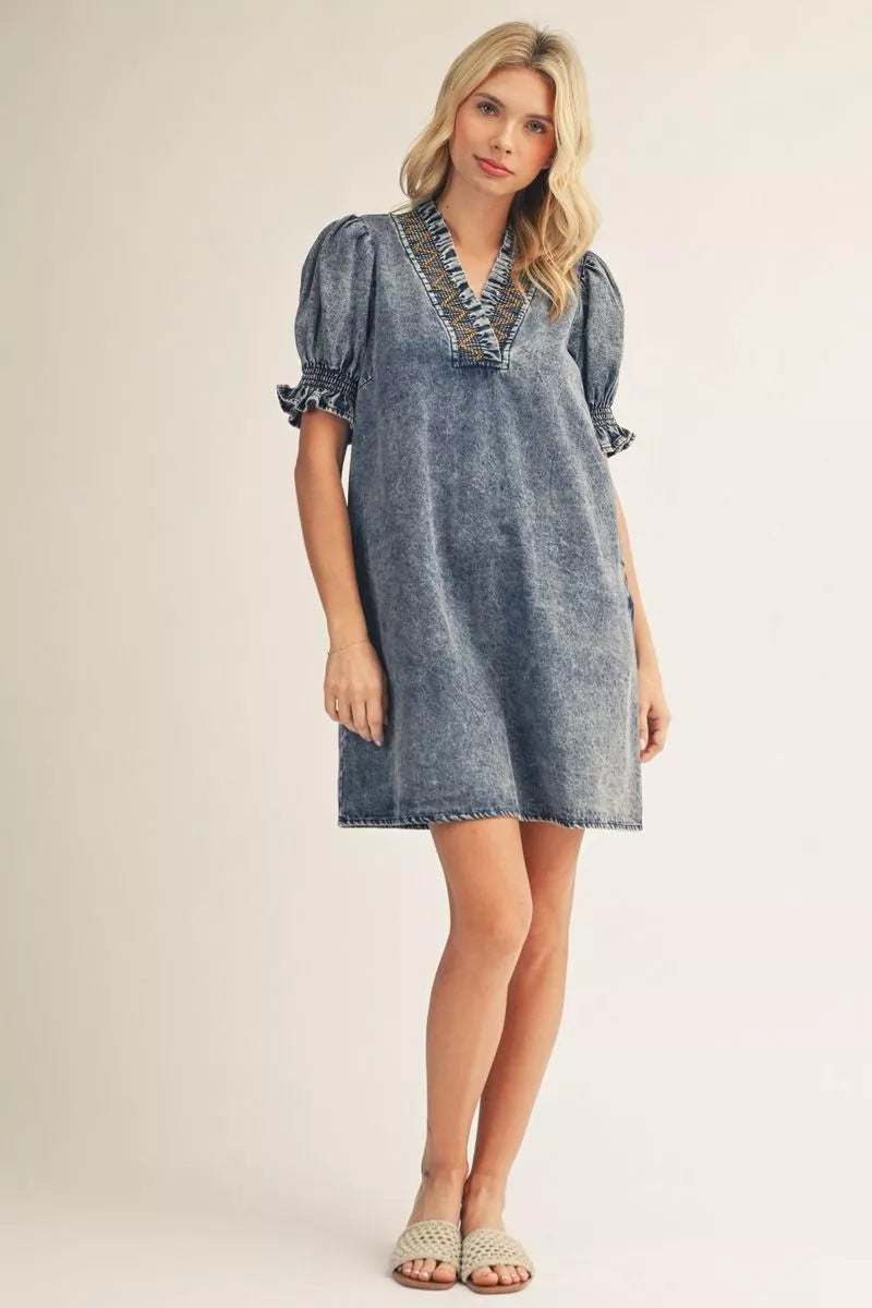 denim dress embroidered Brodi Embroidered Neckline Denim Dress – Missy's Boutique