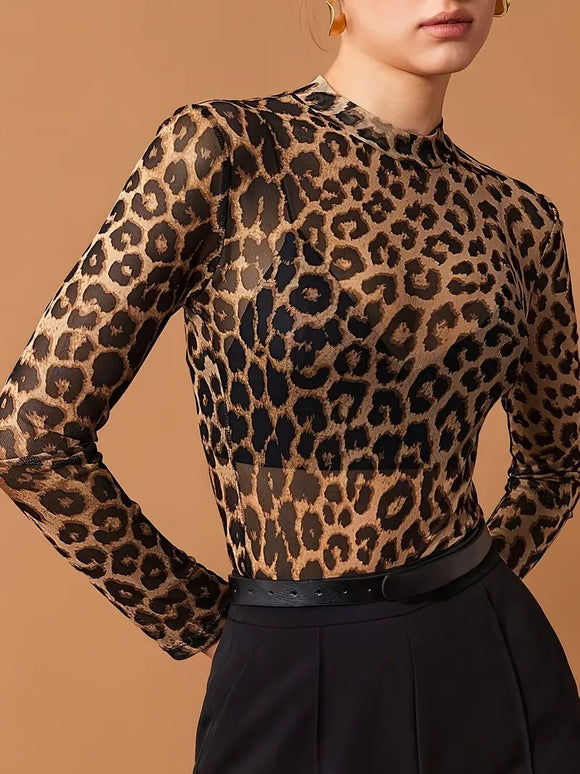 Leopard Sheer Long Sleeve  Top