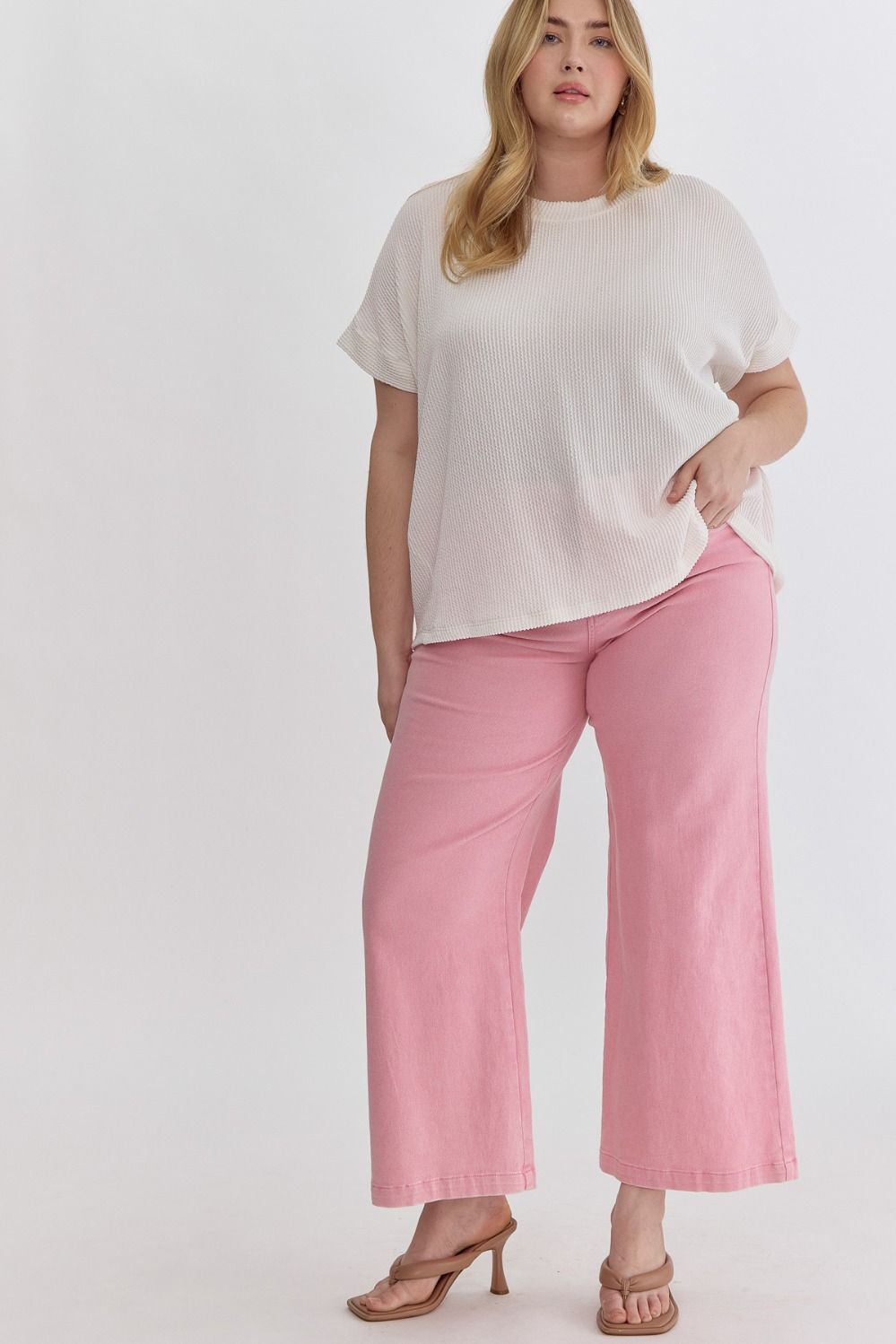 パンツ pink beige slacks baggy waide archive Belted Wide-Leg Linen Pink Trousers