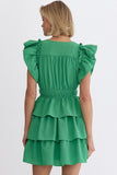 Amara Solid Ruffled Mini Dress-Green