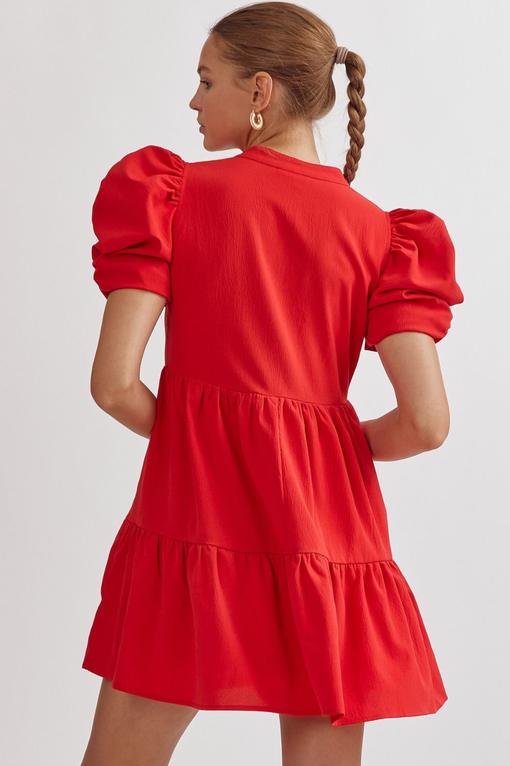 open lace back dress Aileen Ruched Detail Puff Sleeve Midi Dress Red – Girl In Mind main image 1