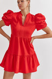 Tory Puff Sleeve Mini Dress-Red