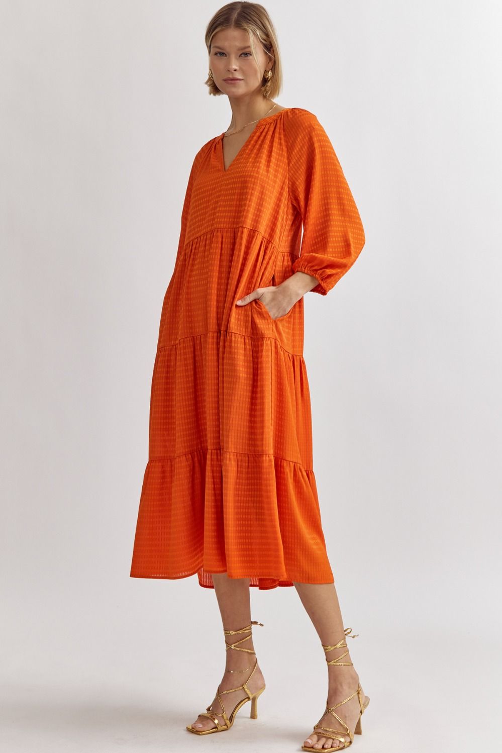 Leann Textured V-Neck Midi Dress-Orange Missy's Boutique Leann Textured V-Neck Midi Dress-Orange Missy's Boutique