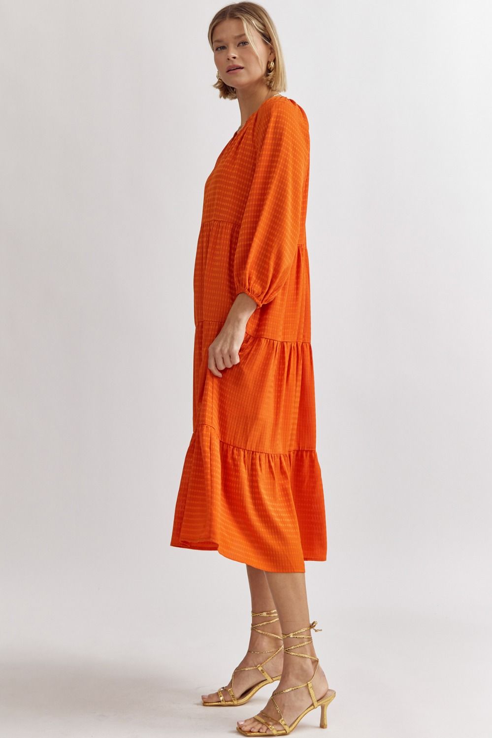 Leann Textured V-Neck Midi Dress-Orange  Missy's Boutique