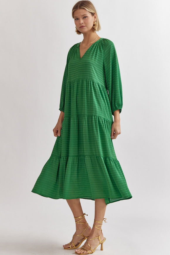 Leann Textured V-Neck Midi Dress-Kelly Green