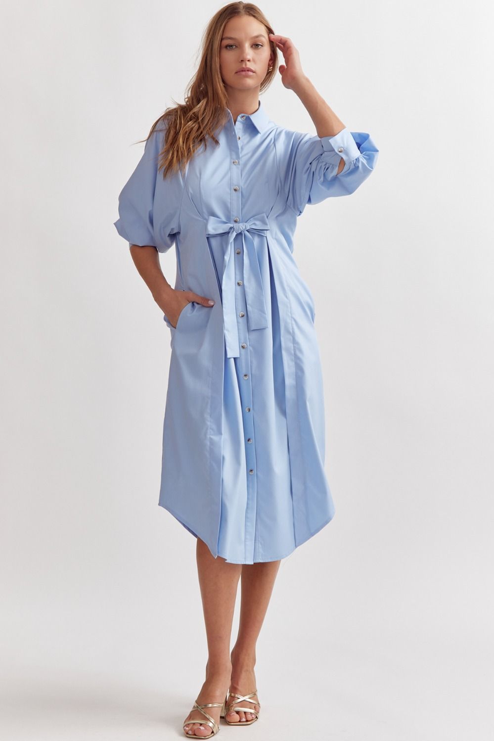 chambray midi dress with sleeves Theo Button Down Midi Dress-Chambray – Missy's Boutique