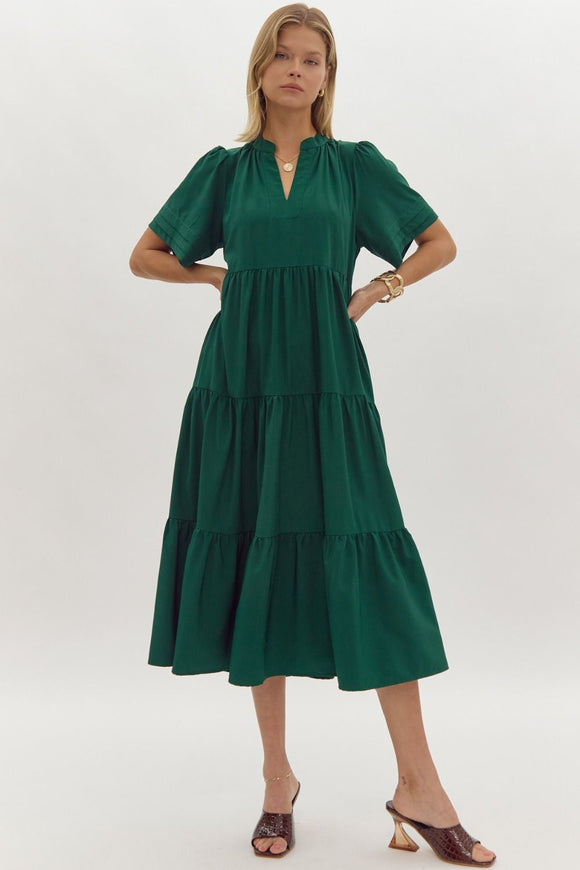 Darcy V-Neck Short Sleeve Midi Dress- Forest