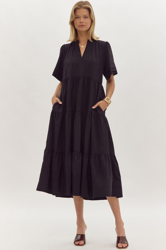 Darcy V-Neck Short Sleeve Midi Dress- Black