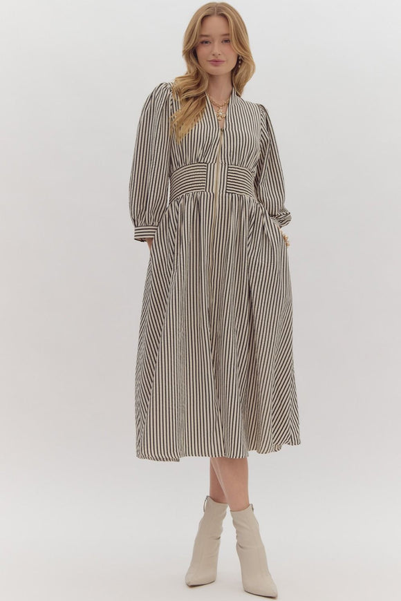 Asia  Stripe 3/4 Sleeve Dress-Black