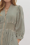 Asia  Stripe 3/4 Sleeve Dress-Green