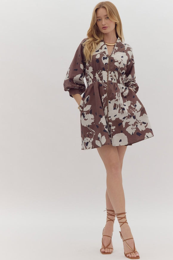 Ava Printed Mini  Dress-Mocha