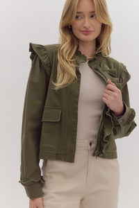 Danna Solid Cropped Denim Jacket-Olive