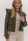 Danna Solid Cropped Denim Jacket-Olive