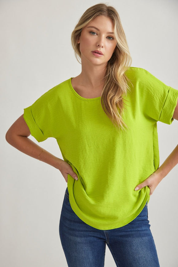 Mandy Cuffed Sleeve Top - Neon Lime