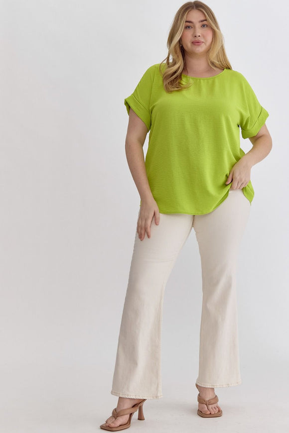 Mandy Cuffed Sleeve Top - Neon Green - Plus