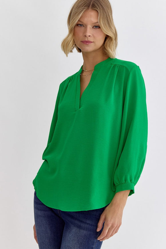 Marley 3/4 Sleeve V-Neck Top-Kelly Green