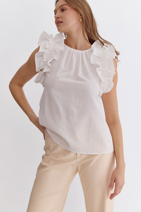 Lia Solid Ruffled Top-White