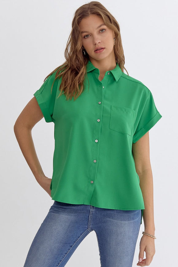 Jackie Solid Button Down Top-Green