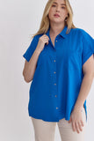 Jackie Solid Button Down Top-Cobalt-Curvy