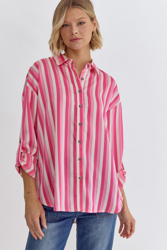 Dion Striped Button Up Top-Pink