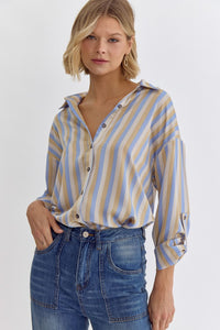 Dion Striped Button Up Top-Chambray