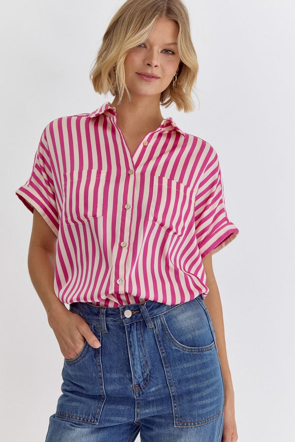 Cara Striped Button Up Top-Pink