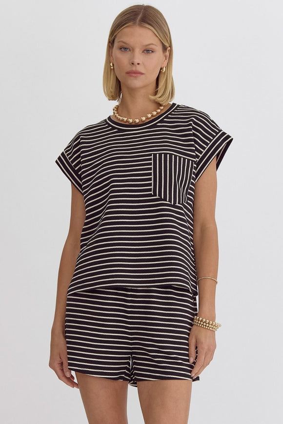 Jensine Textured Stripe Short Set-Black