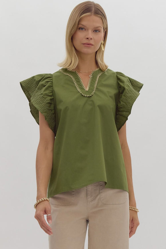 Laiden Solid Ruffled Sleeve Top-Olive