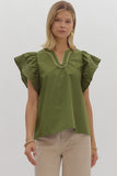 Laiden Solid Ruffled Sleeve Top-Olive