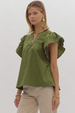 Laiden Solid Ruffled Sleeve Top-Olive