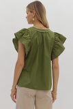 Laiden Solid Ruffled Sleeve Top-Olive