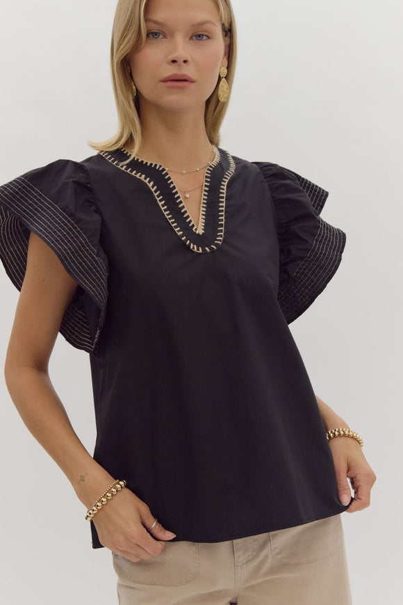 Laiden Solid Ruffled Sleeve Top- Black