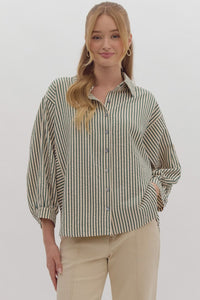 Striped Button-Down Three-Quarter Sleeve Top- Hunter Green