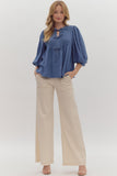 Denim Front Tie Pleated Top