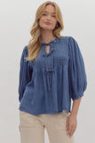 Denim Front Tie Pleated Top