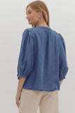 Denim Front Tie Pleated Top