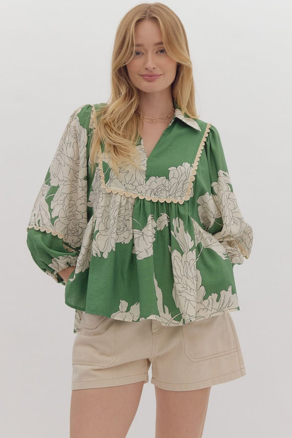 Hollie Flower  Scallop Trim V-Neck Top