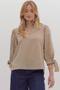 Piper Stripe V-Neck Tie Sleeve Top-Brown