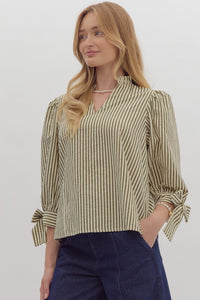 Piper Stripe V-Neck Tie Sleeve Top-Olive