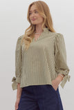 Piper Stripe V-Neck Tie Sleeve Top-Olive